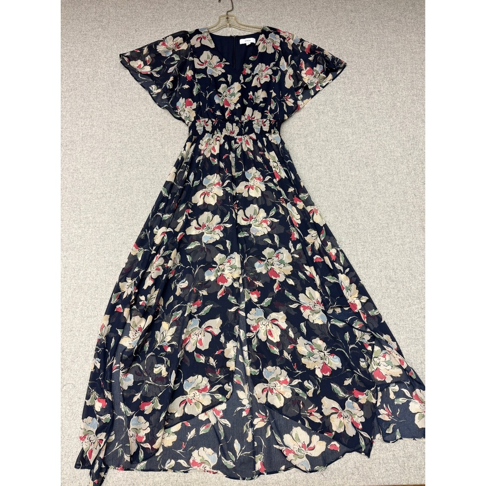 CeCe Floral Maxi Dress Size M Navy Blue Flutter Sleeve Smocked High-Low Hem